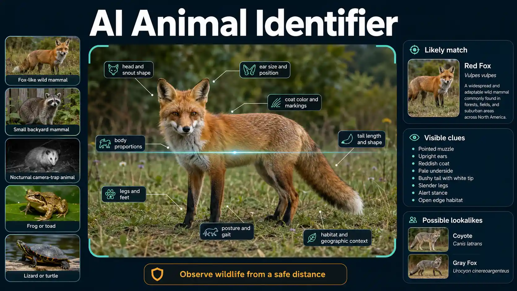AI Animal Identifier interface examining a wild mammal with body shape, coat, tail, feet, habitat, and alternative species clues