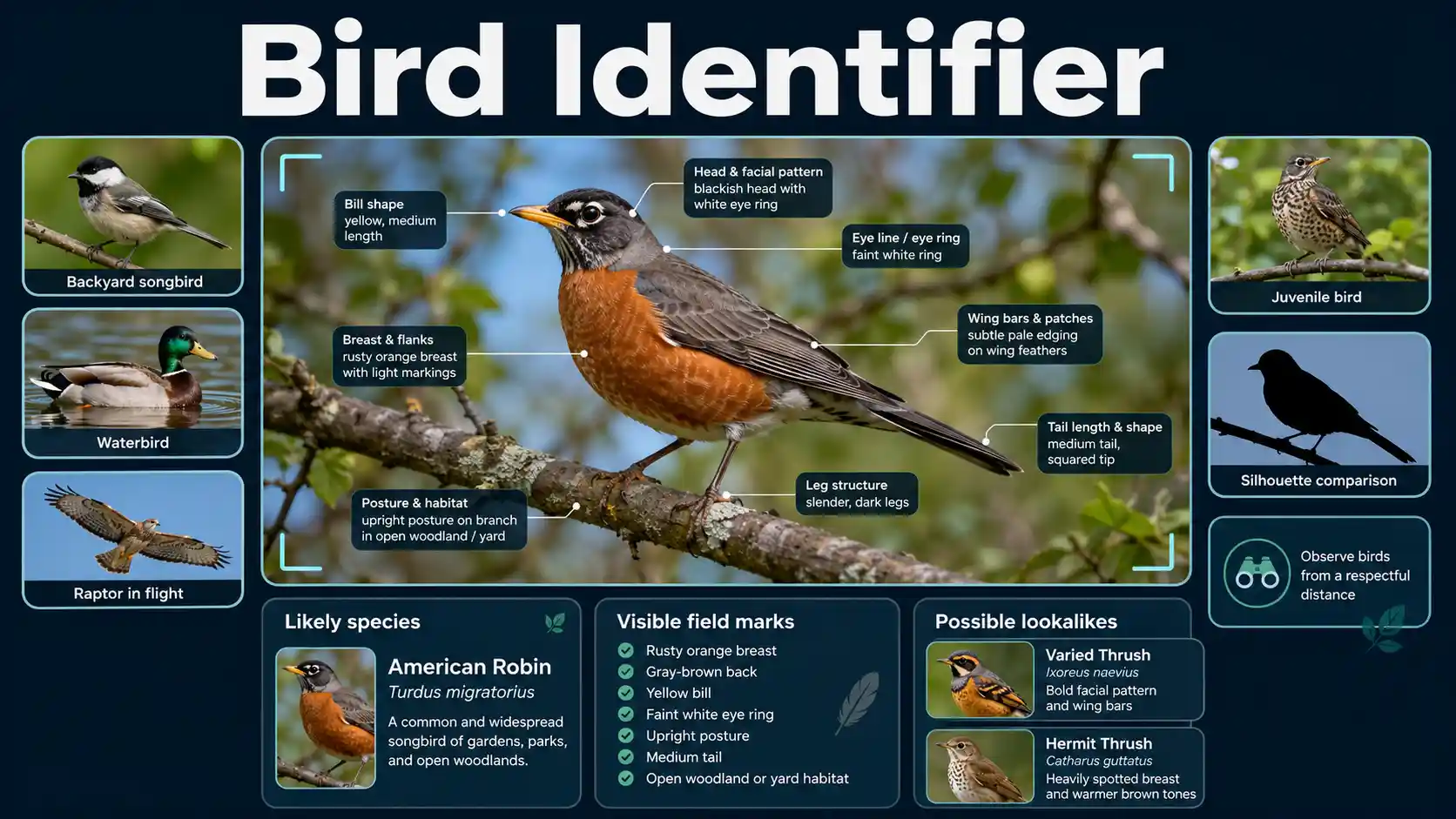 Bird Identifier interface examining a perched bird through bill shape, plumage, wings, tail, behavior, habitat, and species lookalikes