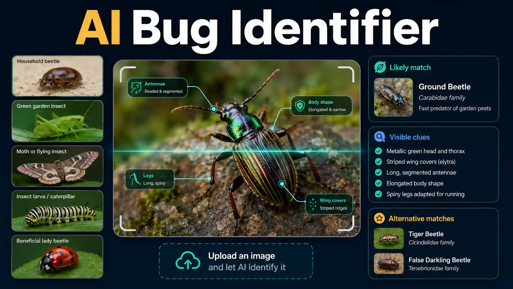AI Bug Identifier interface examining a beetle with household, garden, and flying insect comparison cards