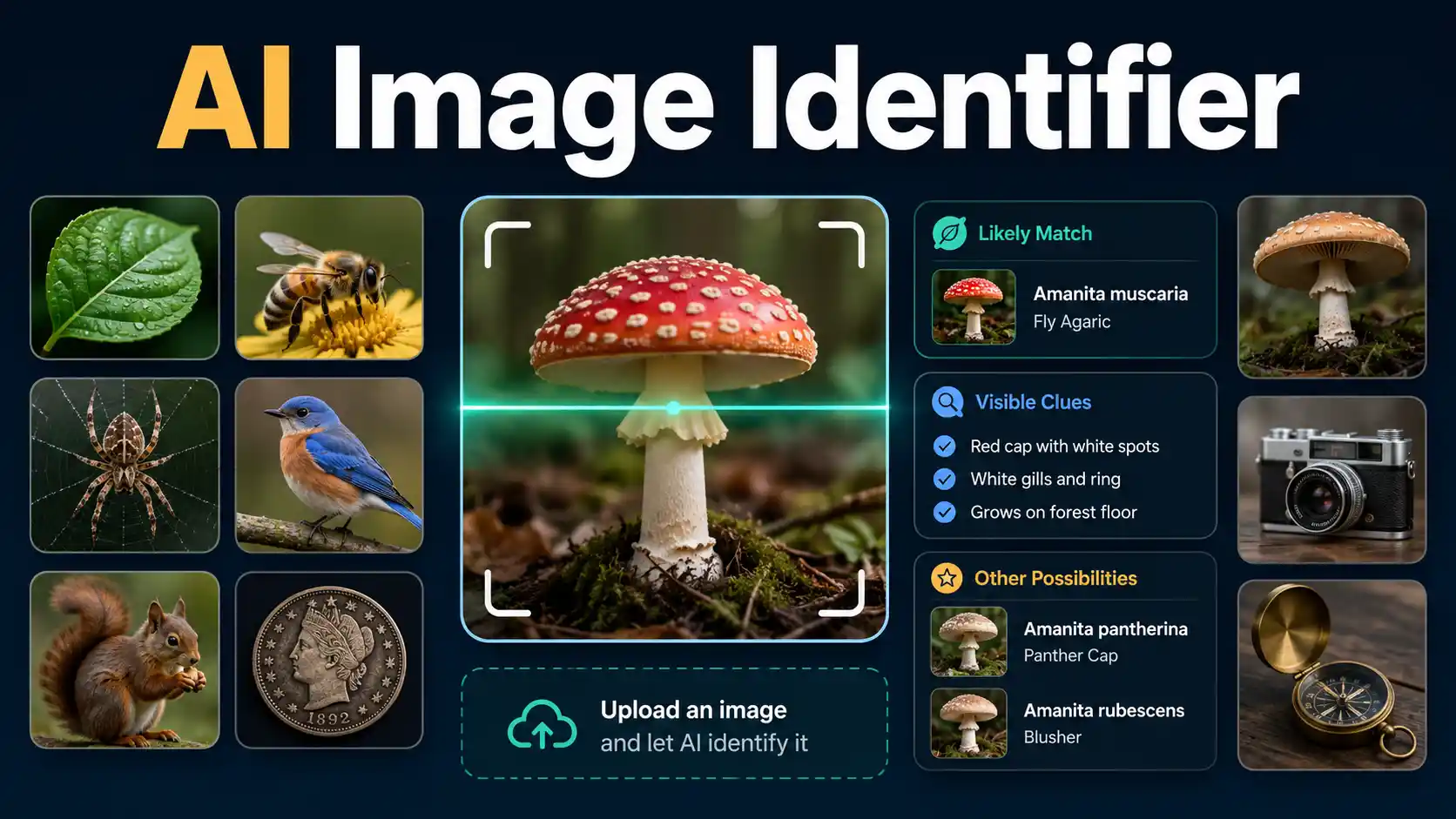 AI Image Identifier showing a photo scan of an object, plant, insect, animal, and everyday item
