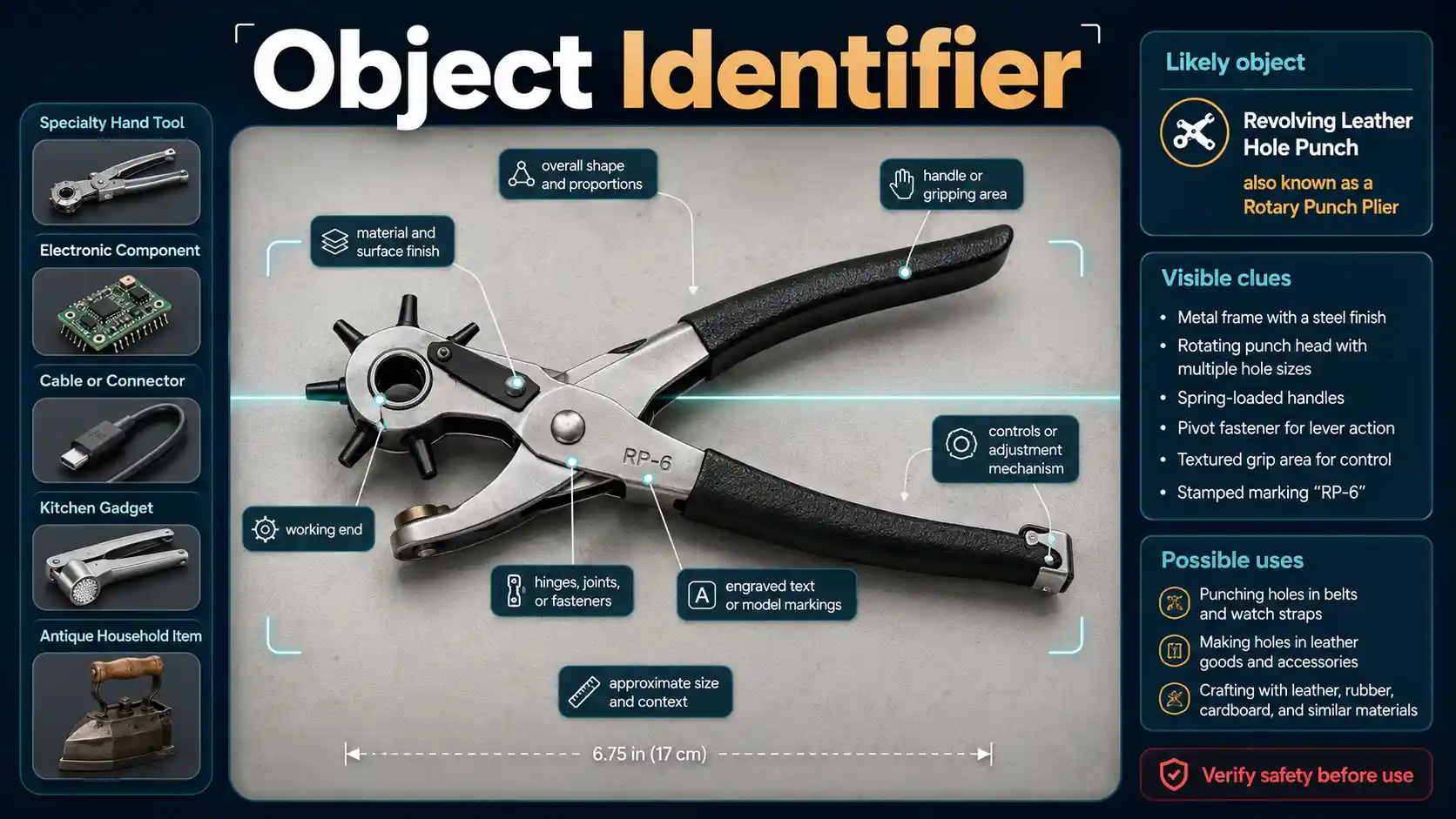 Object Identifier interface examining an unknown hand tool with material, markings, connector, control, and possible-use comparison cards
