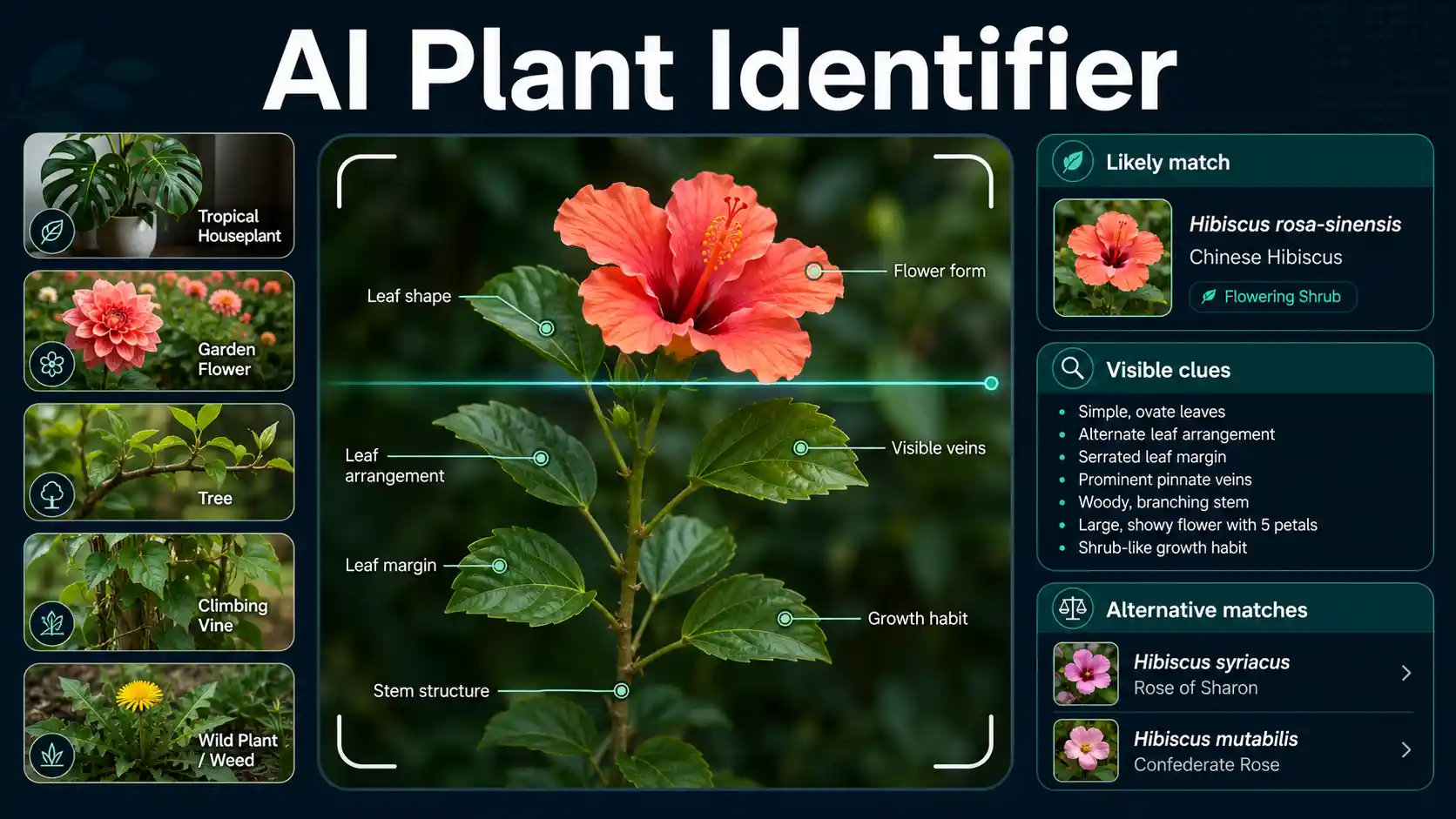 AI Plant Identifier interface examining leaves and flowers with houseplant, tree, vine, and garden plant comparison cards