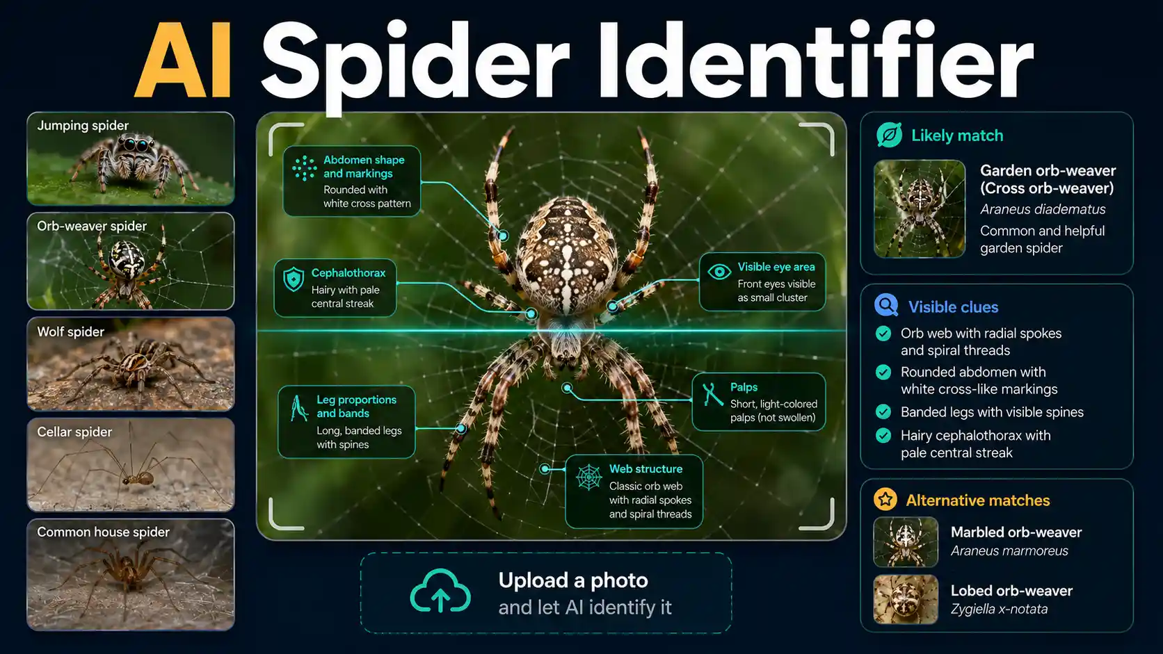 AI Spider Identifier interface examining a garden spider with body, leg, eye, web, and marking comparison cards
