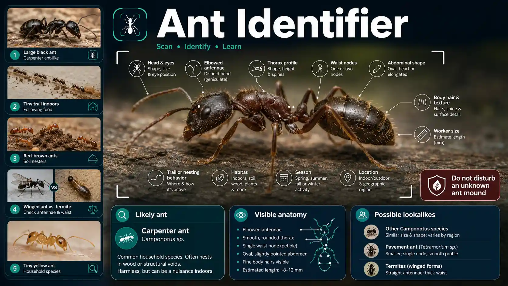 AI Ant Identifier interface examining an ant with household, carpenter, fire-ant, winged-ant, and termite comparison cards