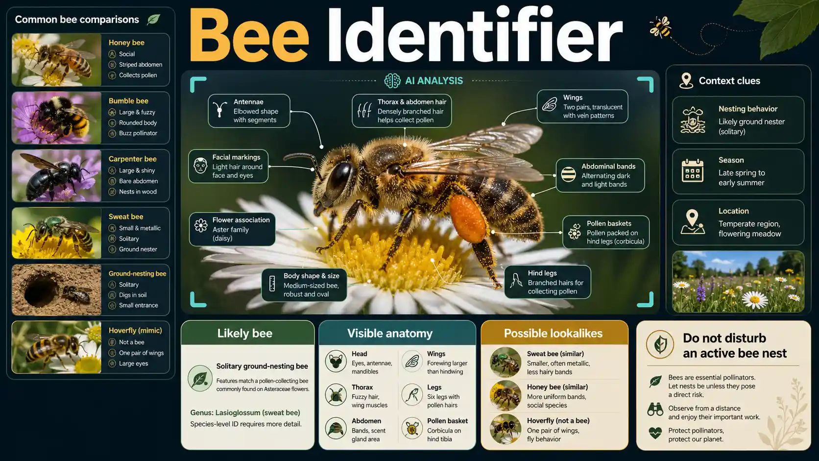 AI Bee Identifier interface examining a bee with body hair, pollen structures, wing, face, flower, nest, and lookalike comparison cards