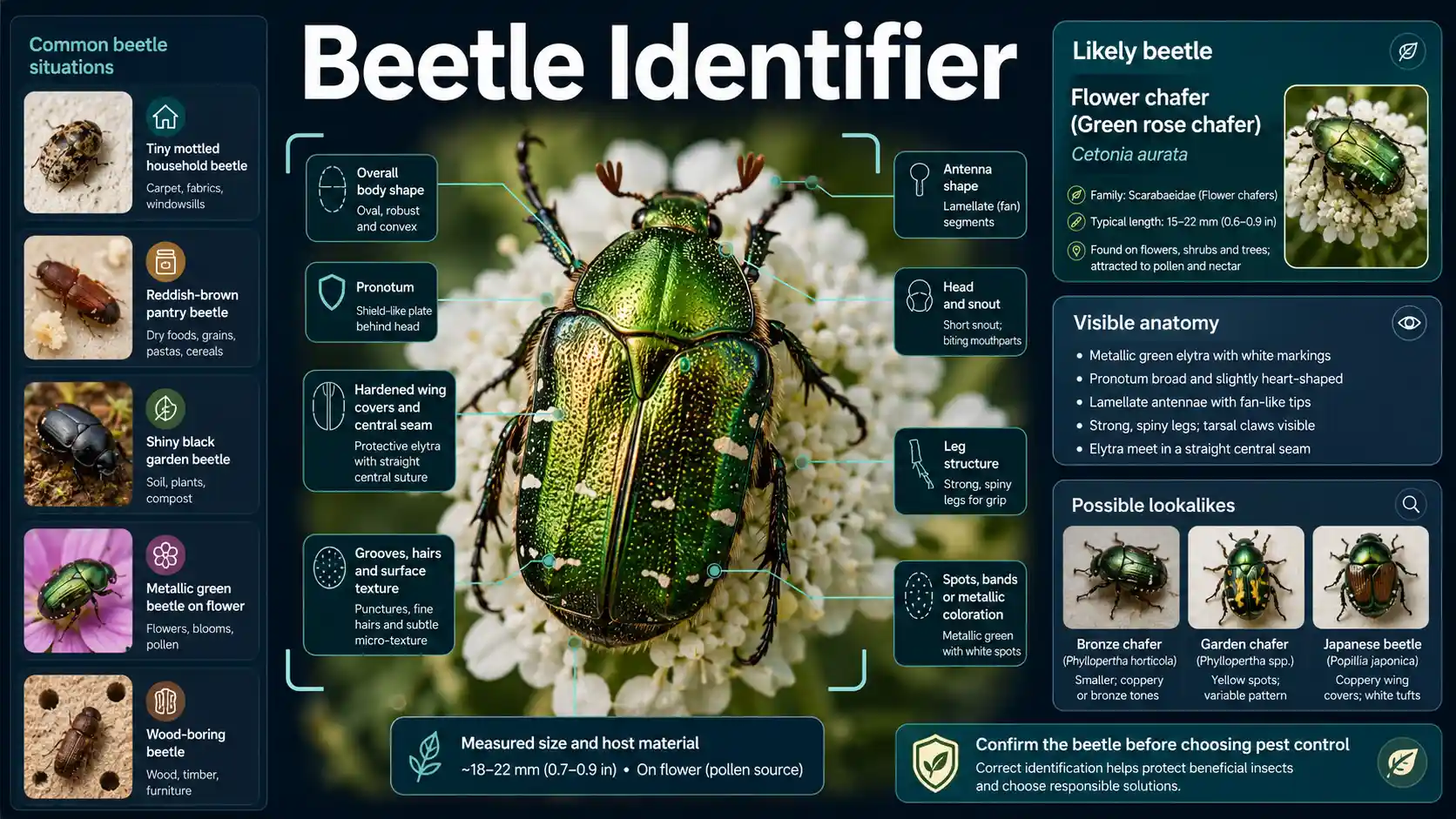Beetle Identifier interface comparing wing covers, antennae, body shape, markings, size, and household or garden context
