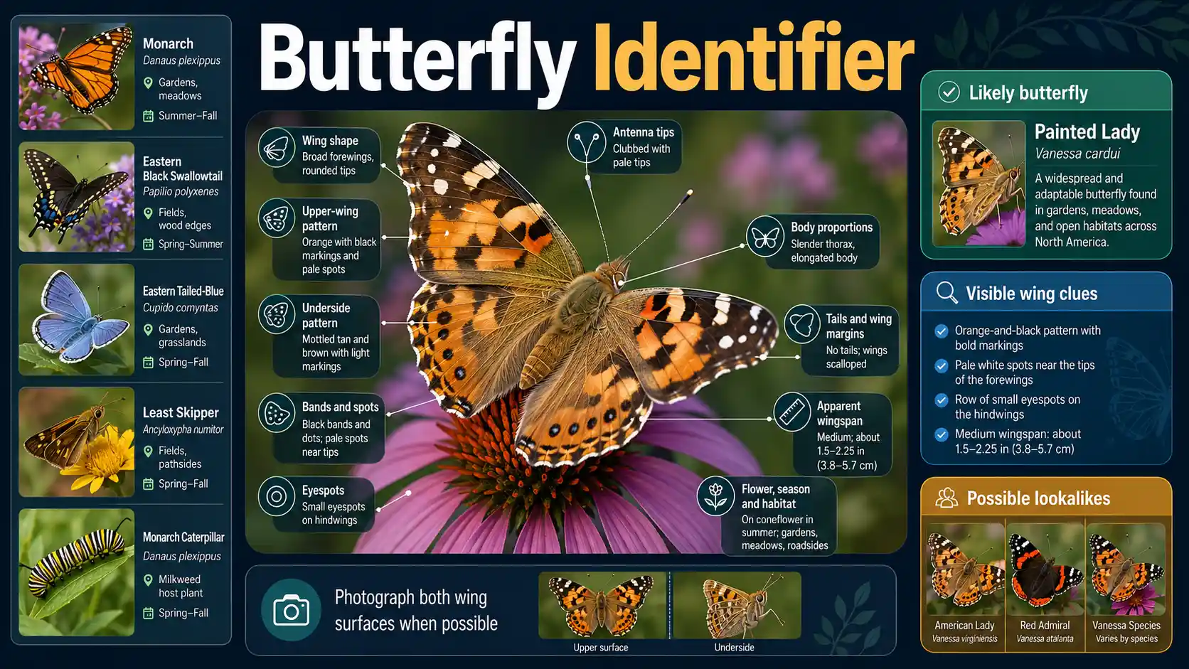 Butterfly Identifier interface comparing wing shape, upper and underside patterns, antennae, body, host plant, season, and location