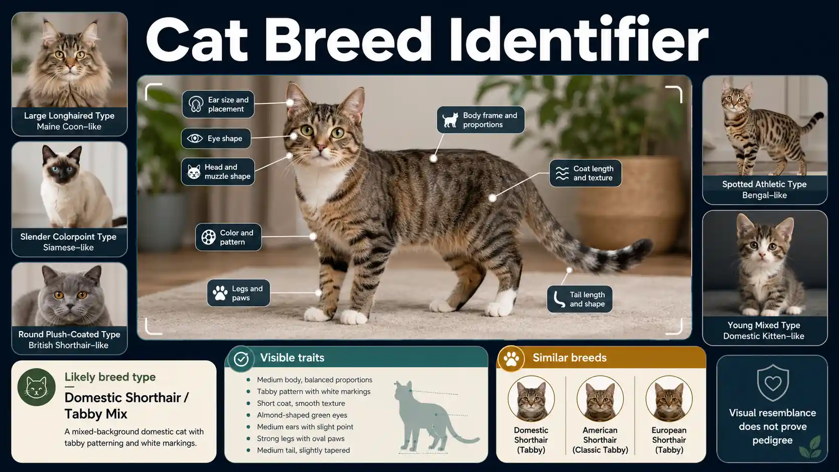 Cat Breed Identifier interface comparing a mixed-breed cat's build, head, ears, coat, markings, eyes, legs, and tail