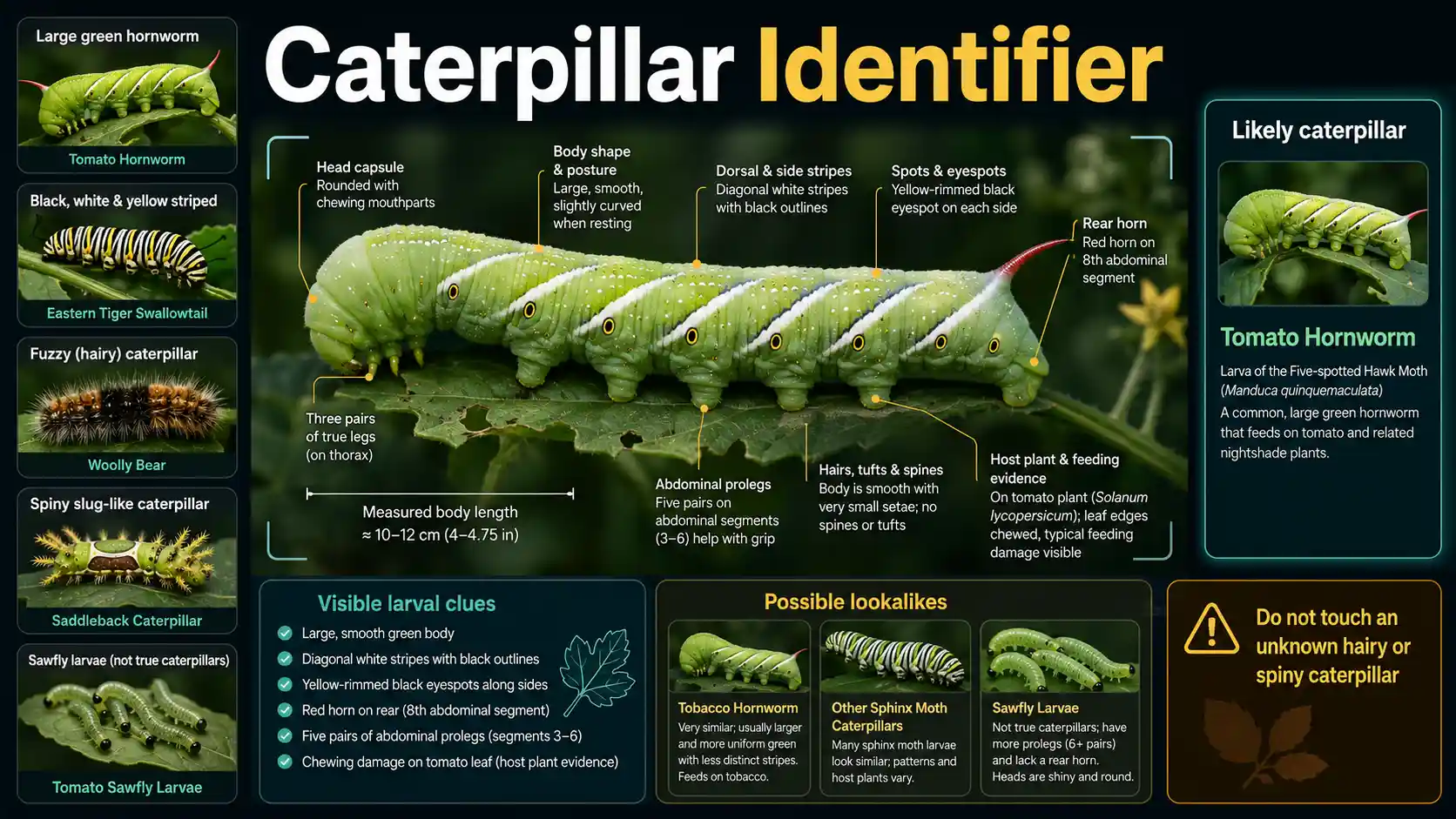 AI Caterpillar Identifier interface examining a striped larva with proleg, spine, horn, host-plant, and lookalike comparison cards