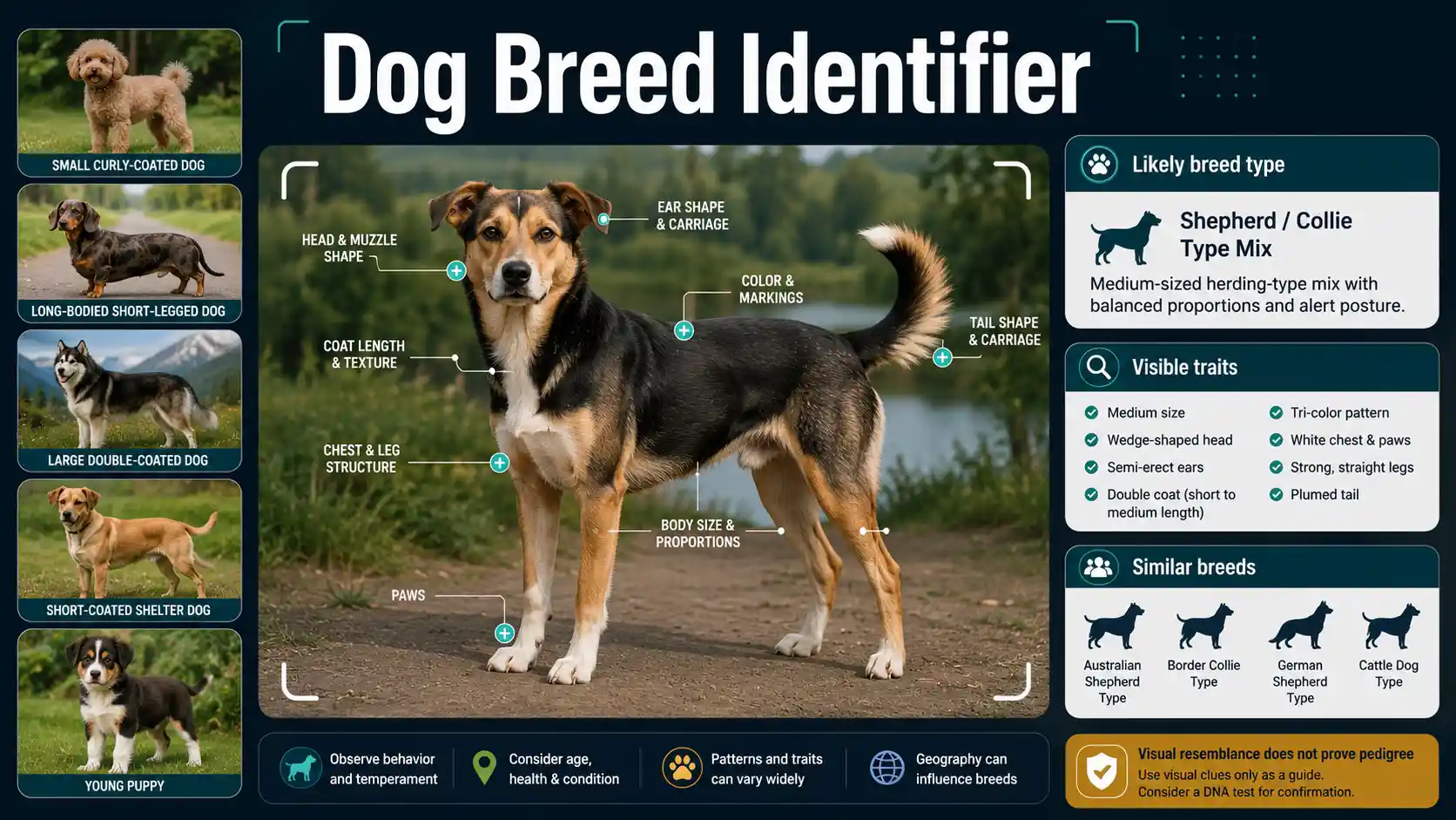 Dog Breed Identifier interface comparing a mixed-breed dog through body shape, head, ears, coat, tail, legs, and markings