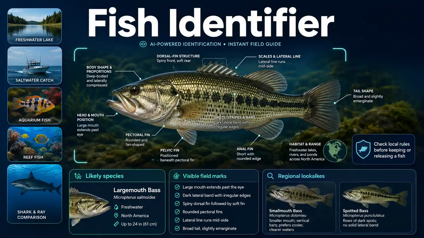 Fish Identifier interface comparing a freshwater fish through body shape, fins, tail, mouth, scales, markings, habitat, and regional lookalikes