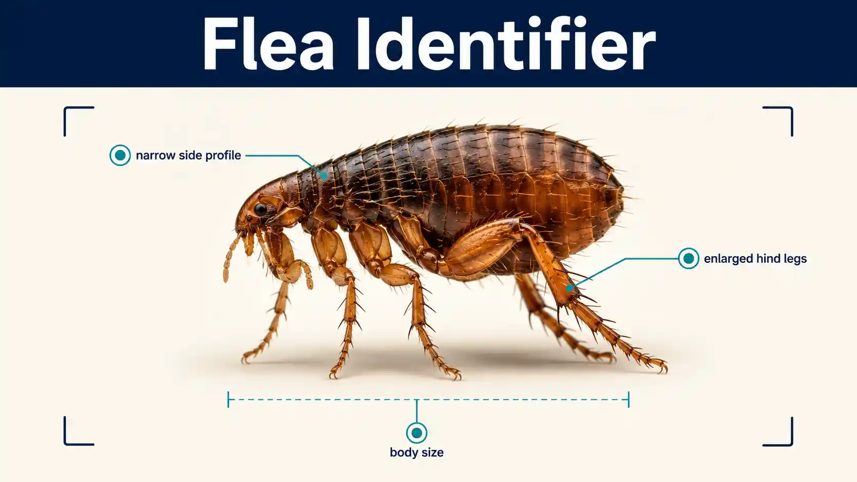 AI Flea Identifier examining one flea with simple side-profile, hind-leg, and size markers