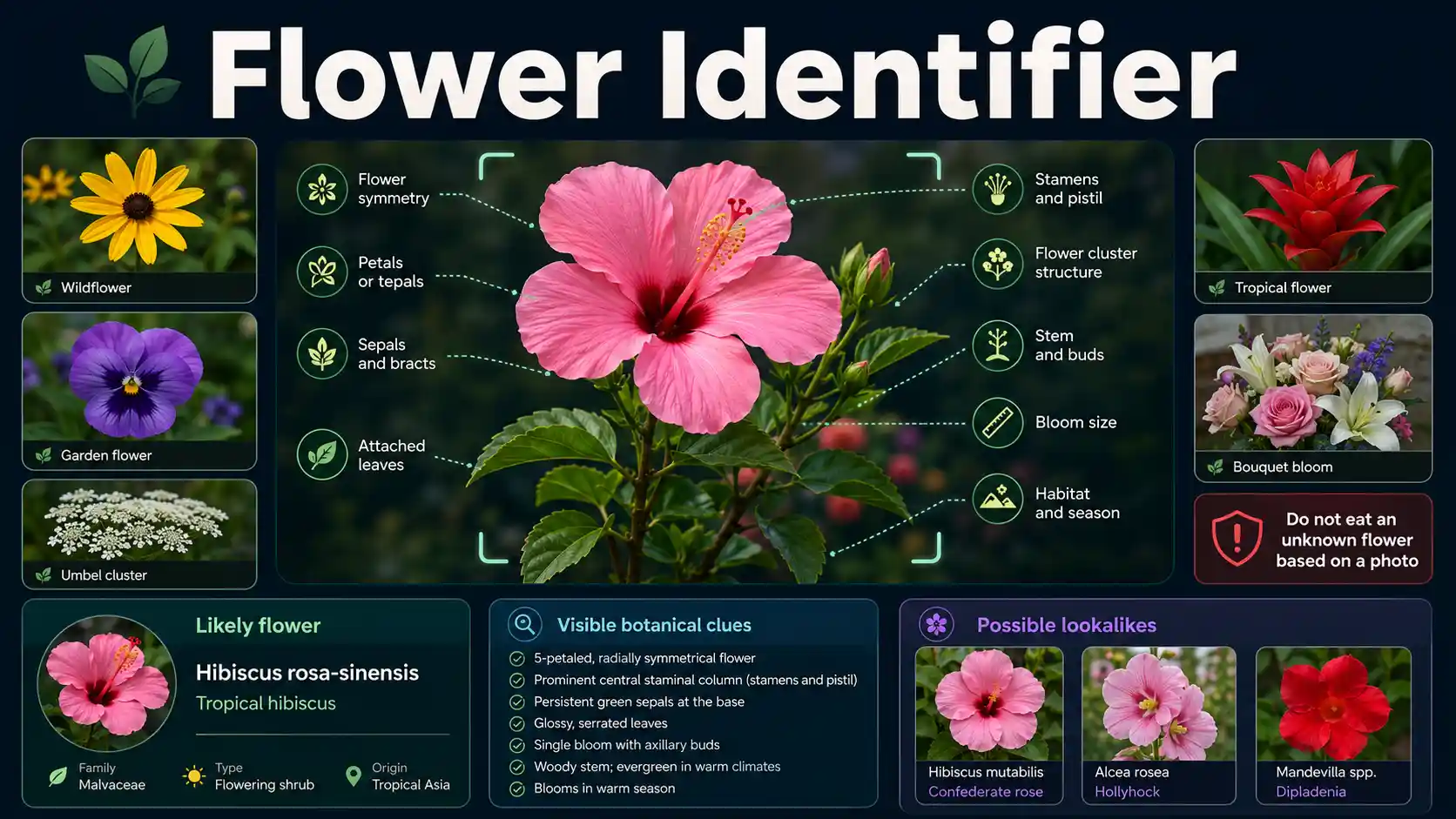 Flower Identifier interface comparing a complete bloom, petals, sepals, stamens, leaves, stem, flower cluster, and habitat clues