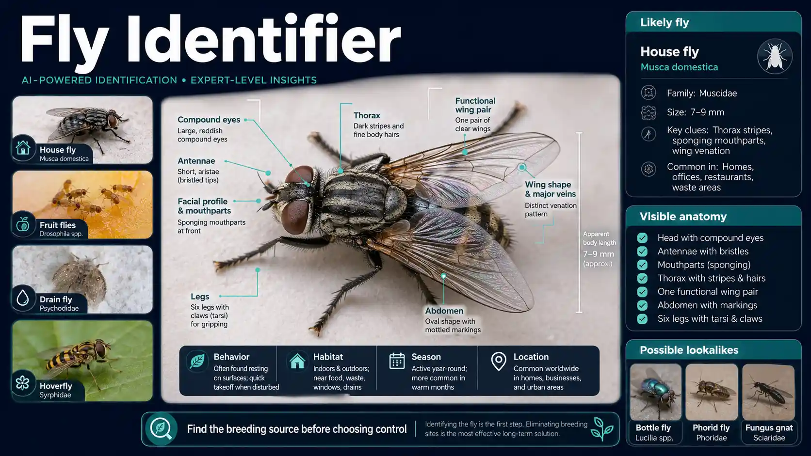 AI Fly Identifier interface examining a fly with house, drain, fruit, hoverfly, and biting-fly comparison cards