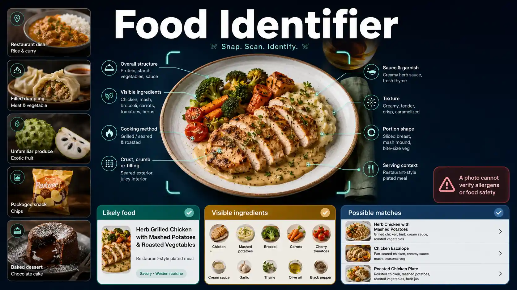 Food Identifier interface examining a plated dish with ingredient, texture, preparation, garnish, and cuisine comparison cards
