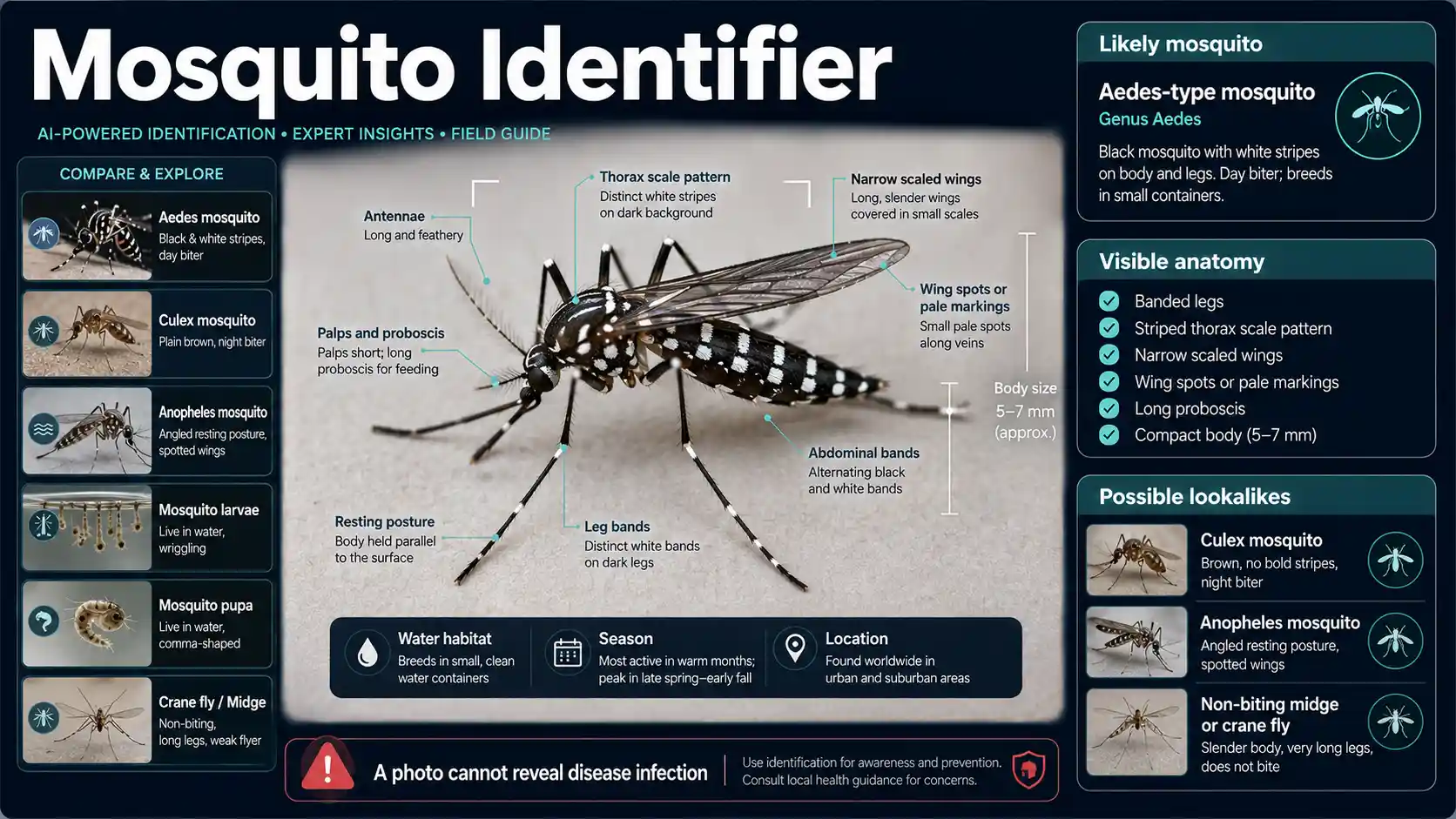 AI Mosquito Identifier interface examining an adult mosquito with Aedes, Culex, Anopheles, larval, and fly-lookalike comparison cards