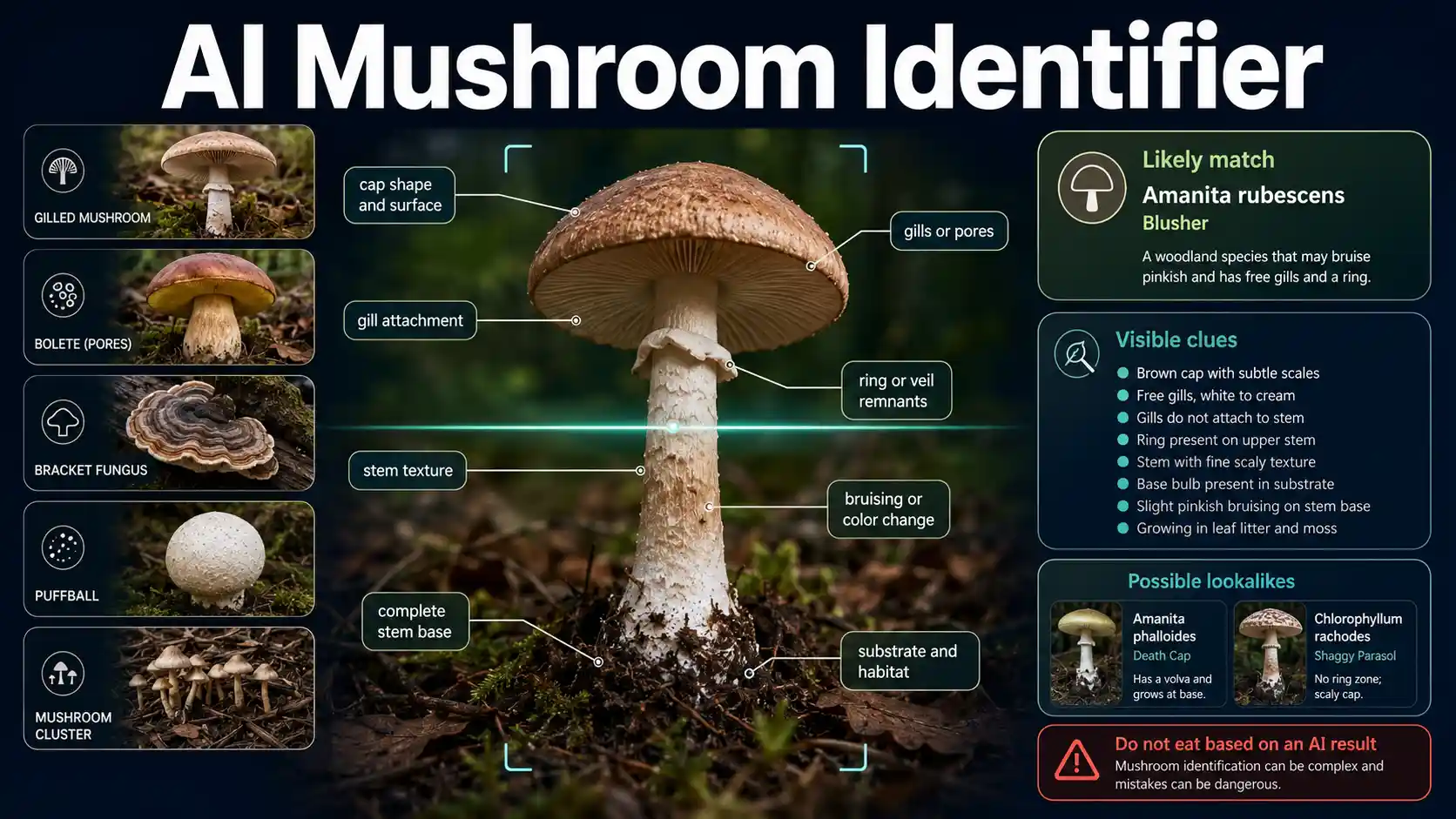 AI Mushroom Identifier interface examining a woodland mushroom through cap, gills, stem, base, substrate, and lookalike clues