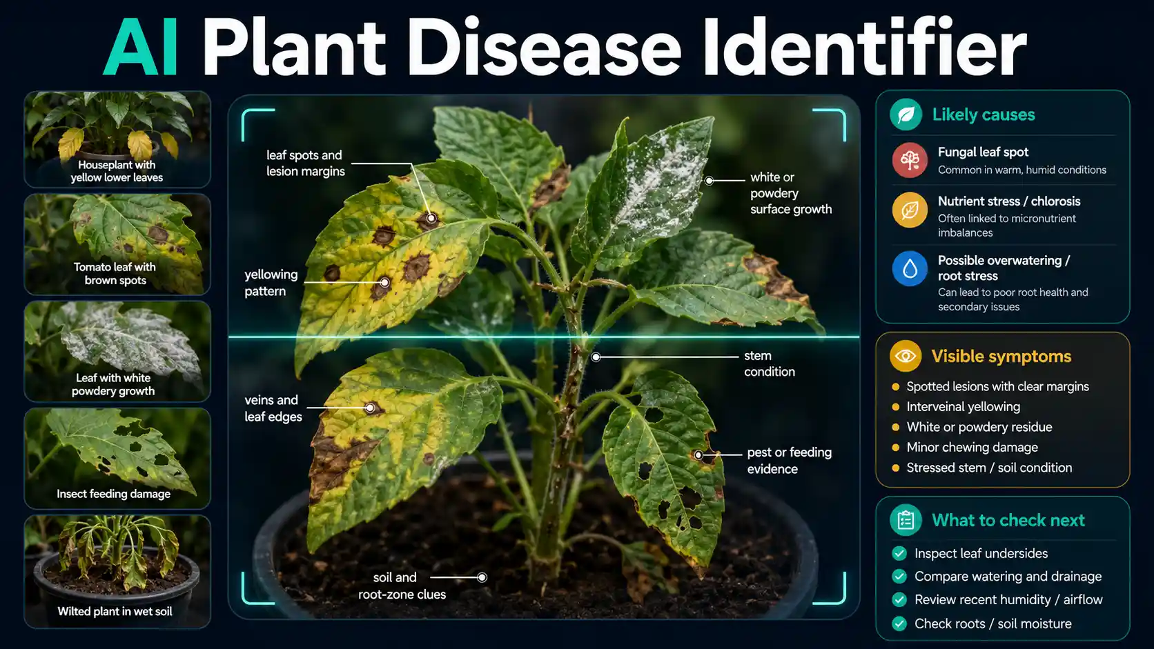 AI Plant Disease Identifier examining spotted and yellow leaves with disease, pest, nutrient, watering, and environmental comparison panels