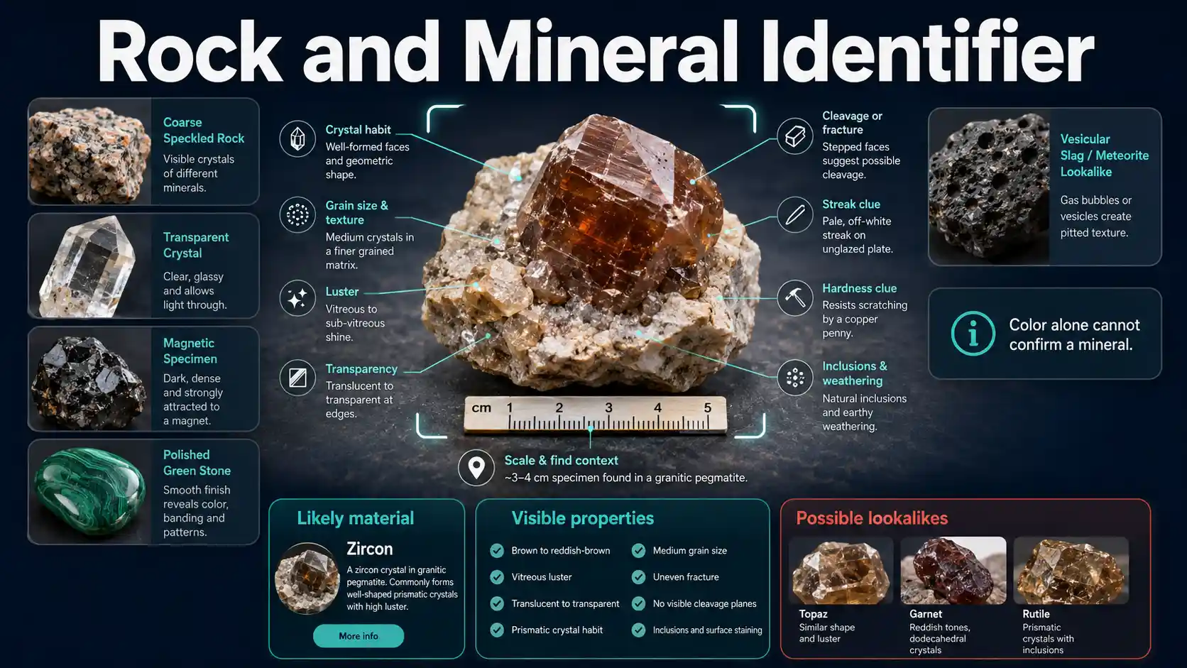 Rock and Mineral Identifier interface comparing crystal habit, grain texture, luster, cleavage, streak, hardness clues, and natural or manufactured lookalikes