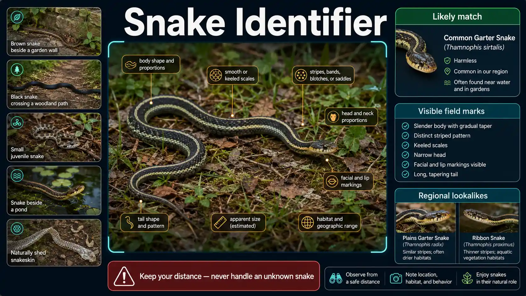 Snake Identifier interface examining a safely photographed snake through body shape, scales, pattern, head, tail, habitat, and regional range