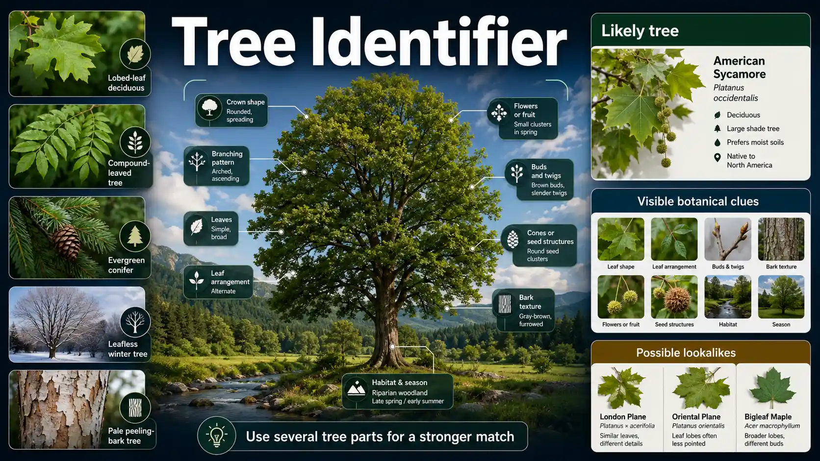 Tree Identifier interface comparing a whole tree with attached leaves, bark, buds, fruit, cones, and branching clues