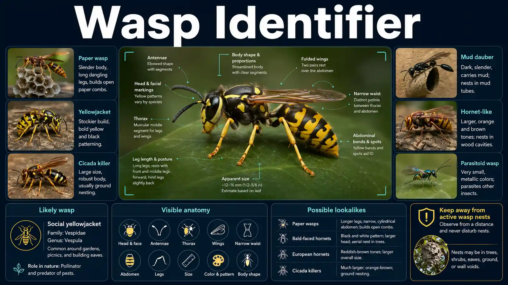 AI Wasp Identifier interface examining a paper wasp with yellowjacket, hornet, mud dauber, and solitary wasp comparison cards